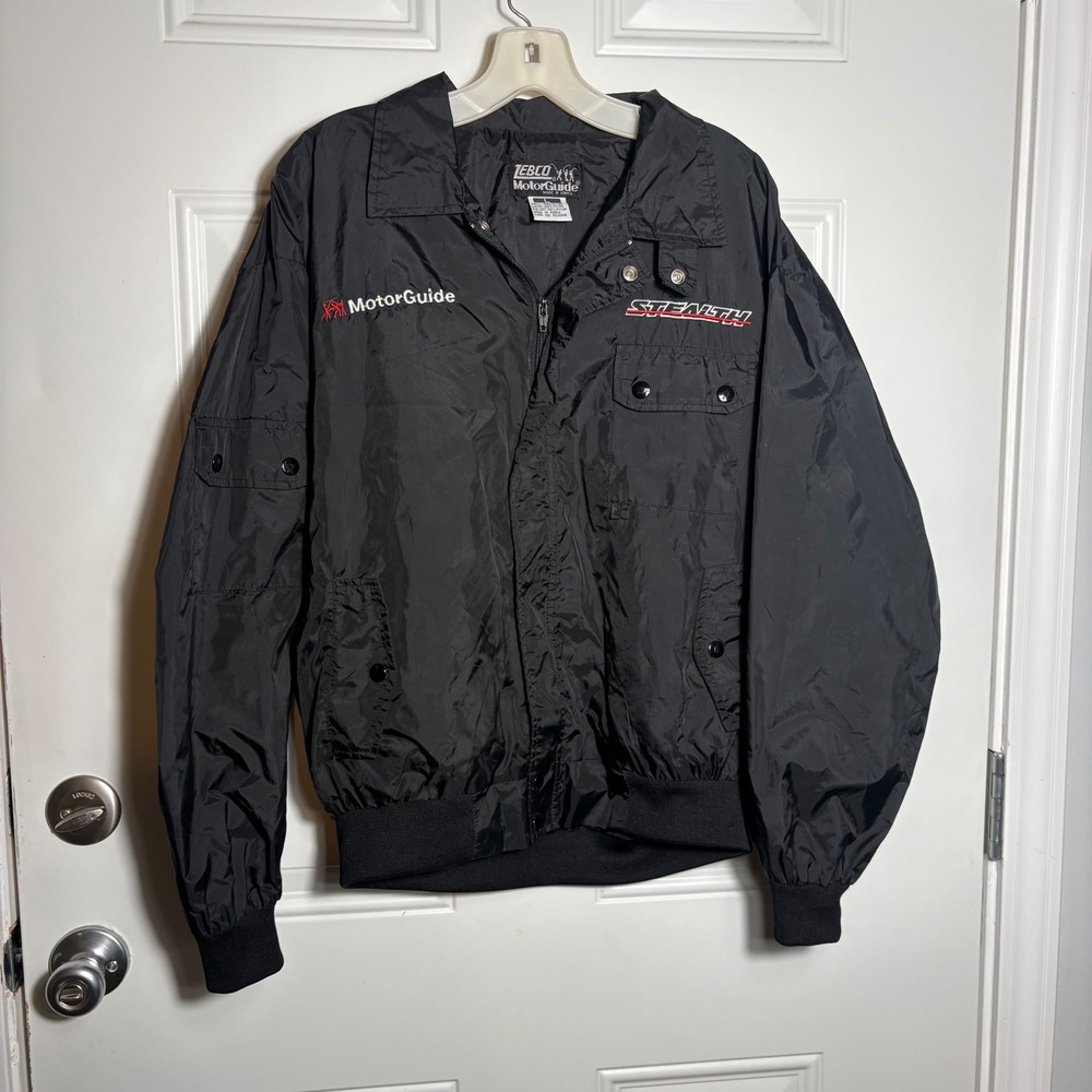 Vintage Zebco MotorGuide Stealth Black Nylon Bomber Jacket Mens Large Fishing